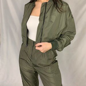 Army Green Cropped Jacket and Pants Set